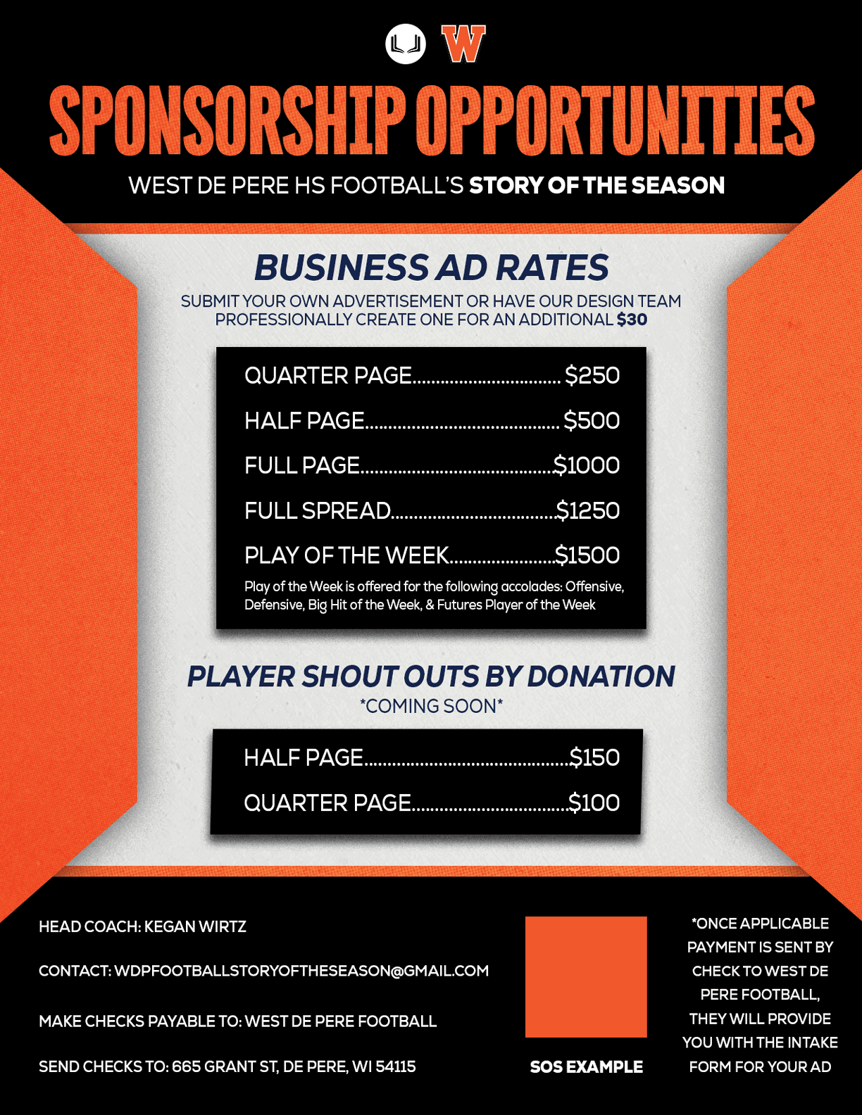 A flyer for West De Pere High School football sponsorship opportunities. AI generated content