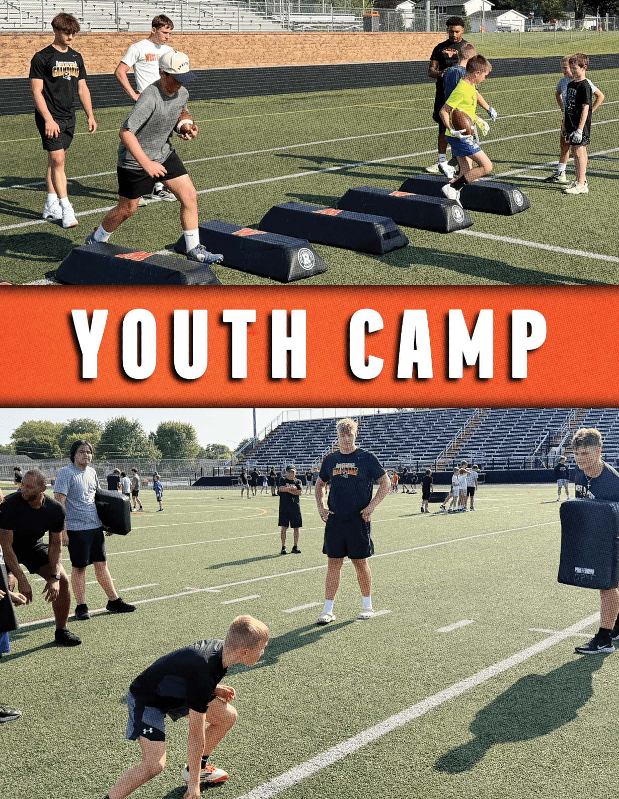 People participating in a youth camp are engaged in football drills on a field using tackling dummies while others observe and coach. Description generated by AI