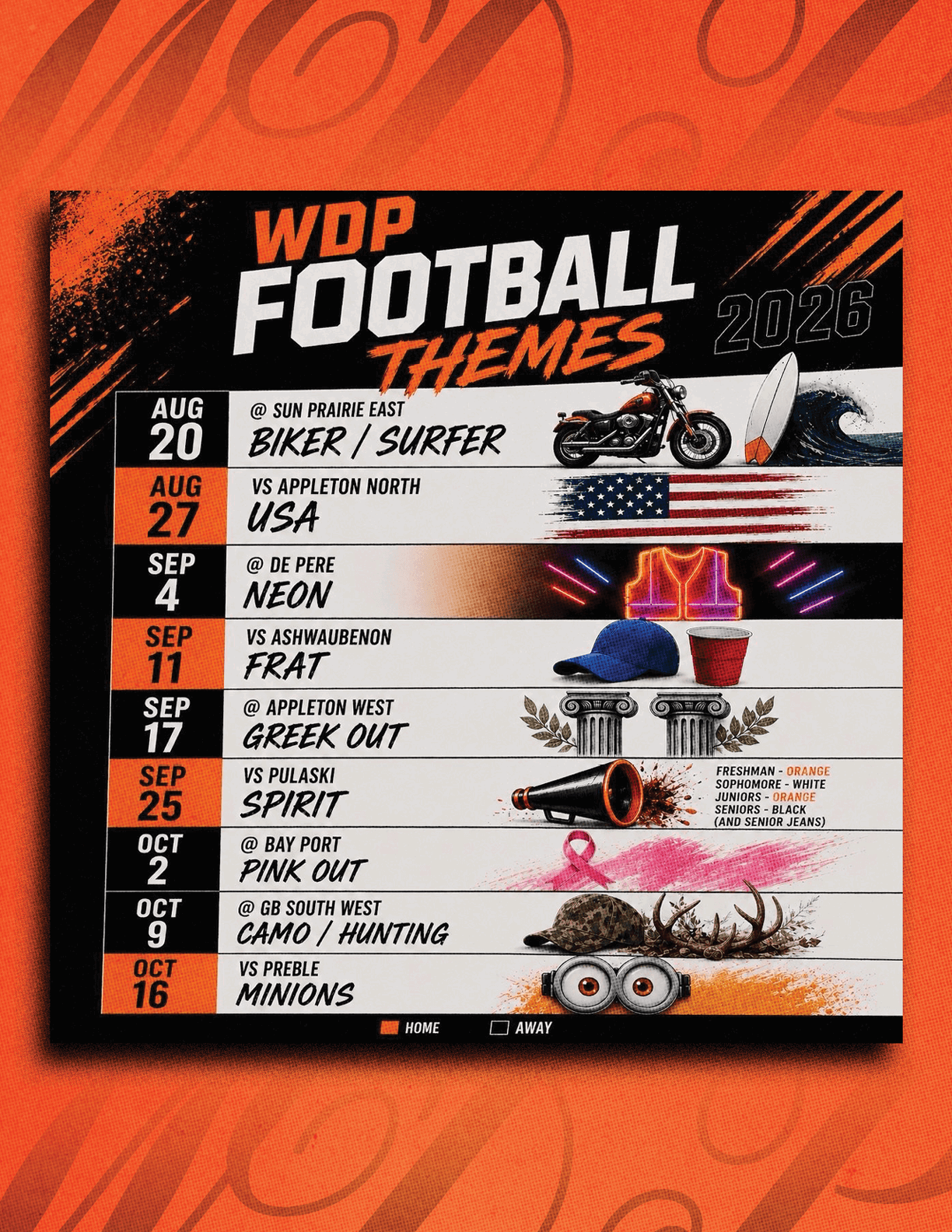 A vibrant graphic schedule for WDP Football Themes 2026 features themed match days with bold text, colorful illustrations, and icons representing each theme such as a biker on a motorcycle, an American flag, neon lights, a blue hat, a megaphone, a pink ribbon, and cartoonish minions. Description generated by AI