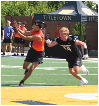 A person in an orange shirt and black shorts is reaching out to catch a football on a sports field while another person in black is diving toward them and a group of people stand in the background watching. Description generated by AI