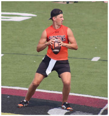 A person wearing a backward cap, an orange sleeveless shirt, and black shorts is holding a football and preparing to throw it on a sports field with yard lines and a large logo. Description generated by AI