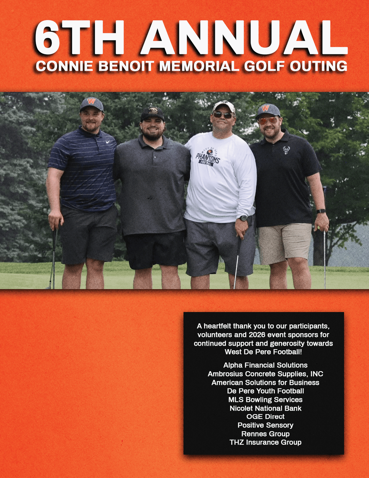 Four adults wearing casual golf attire stand on a golf course holding golf clubs beneath a banner for the 6th Annual Connie Benoit Memorial Golf Outing with a list of sponsors displayed below. Description generated by AI