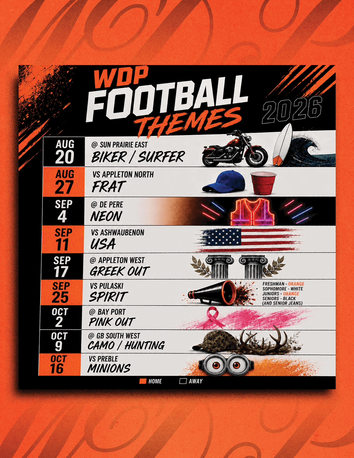 A vibrant graphic schedule for WDP Football Themes 2026 features themed match days with bold text, colorful illustrations, and icons representing each theme such as a biker on a motorcycle, an American flag, neon lights, a blue hat, a megaphone, a pink ribbon, and cartoonish minions. Description generated by AI