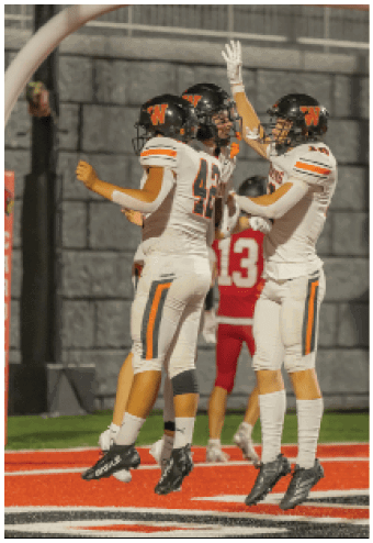 A group of football players celebrating a touchdown. Description generated by AI