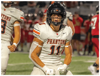 A football player running on the field. Description generated by AI
