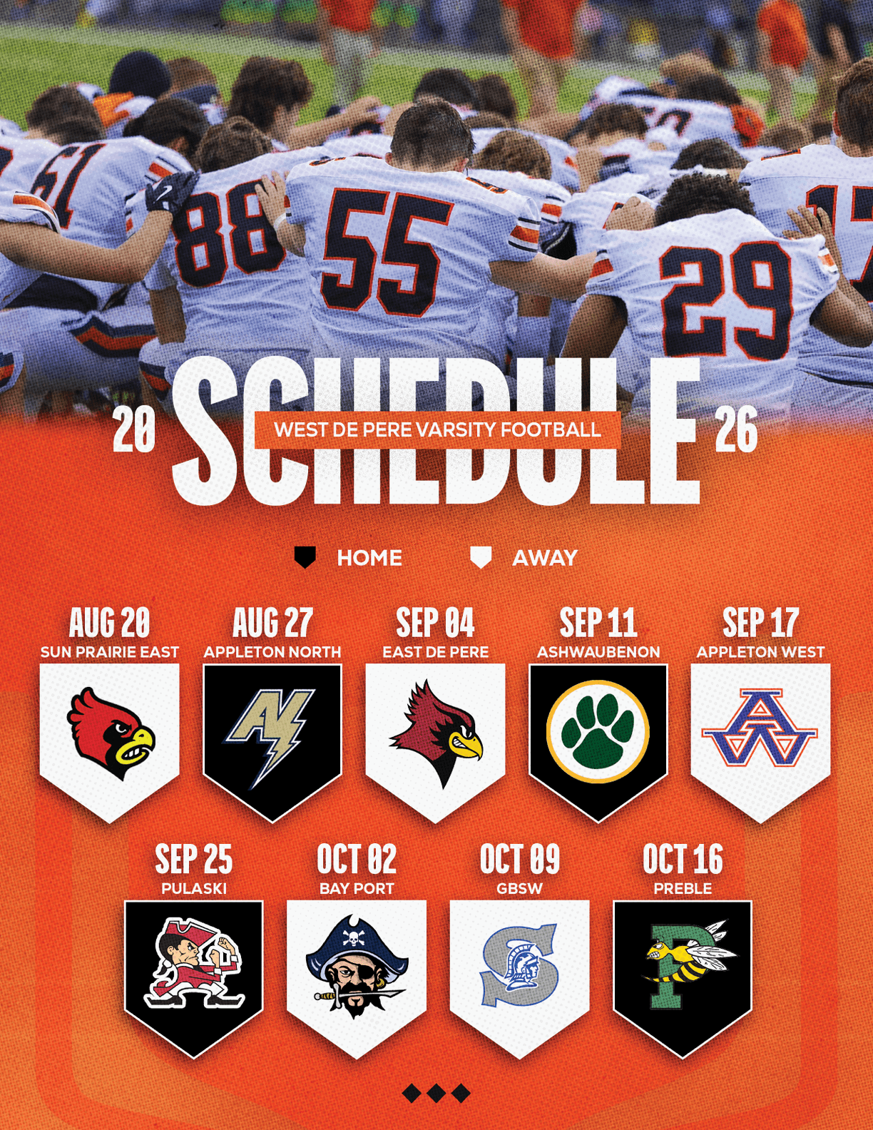 A football team in white uniforms is kneeling together above a graphic showing the 2026 West De Pere Varsity Football schedule with home and away games against various teams. Description generated by AI