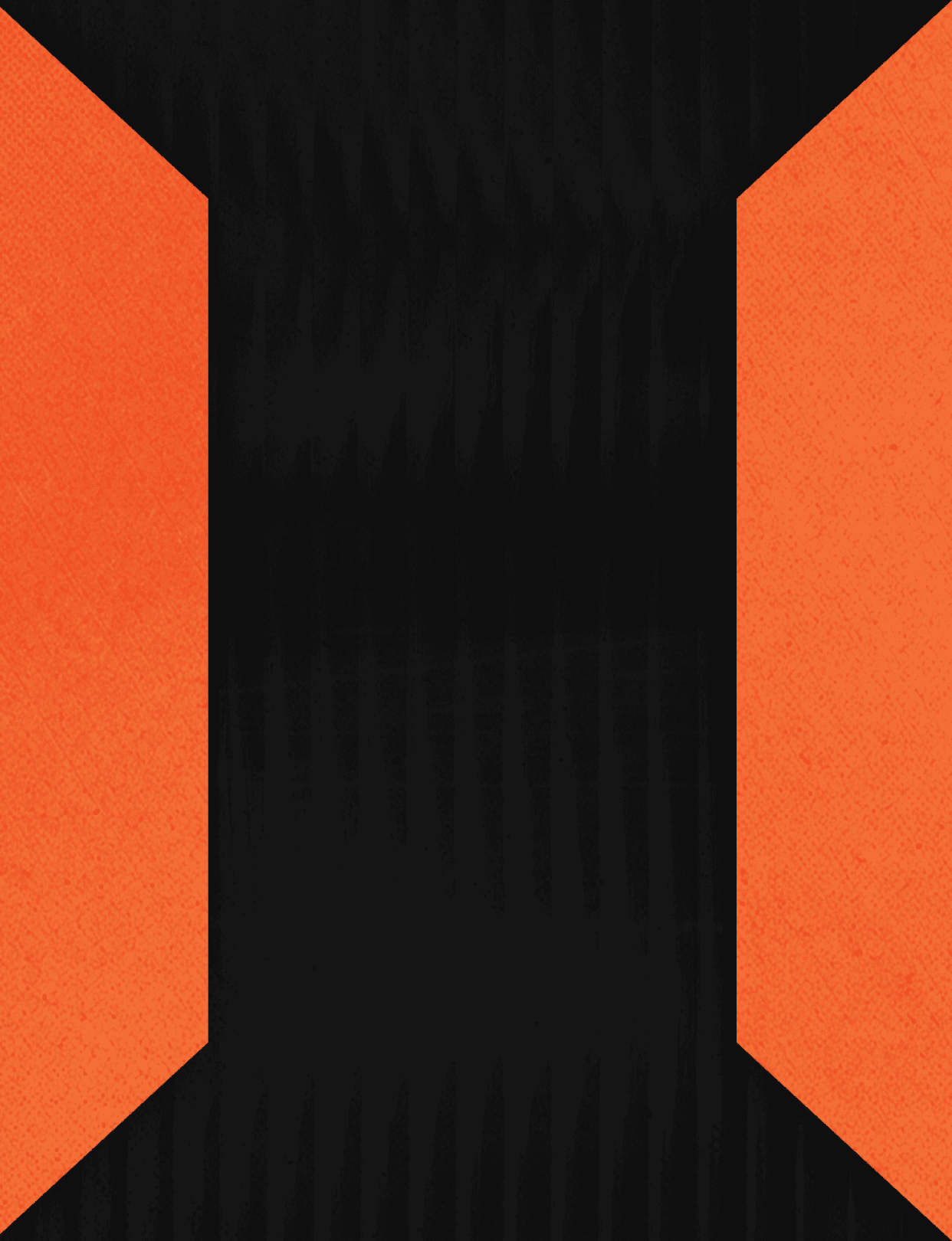 A geometric design featuring a wide vertical black stripe in the center flanked by two orange trapezoid shapes on each side. Description generated by AI