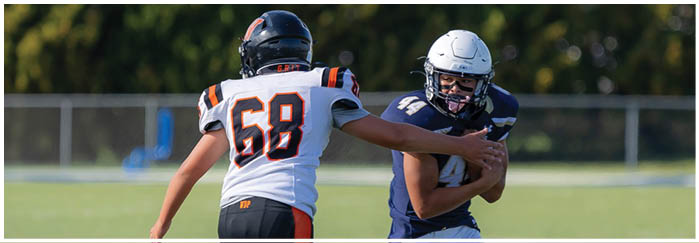 Two people in football uniforms are engaged in a play on a grassy field with one person reaching out to block or tackle the other who is holding the ball. Description generated by AI