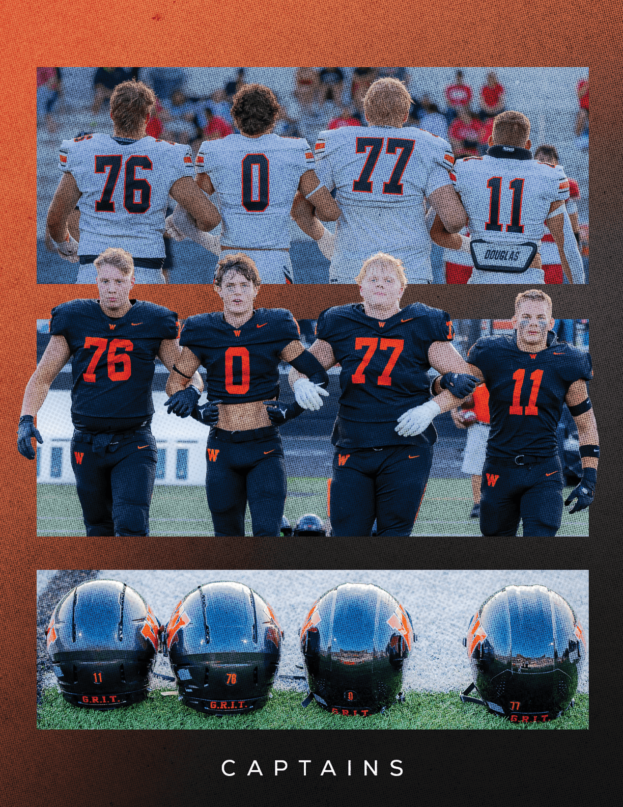 Four people wearing football uniforms with numbers 76, 0, 77, and 11 are shown from the back in white jerseys, from the front in black jerseys, and with their helmets lined up on the ground, with the word “CAPTAINS" below. Description generated by AI
