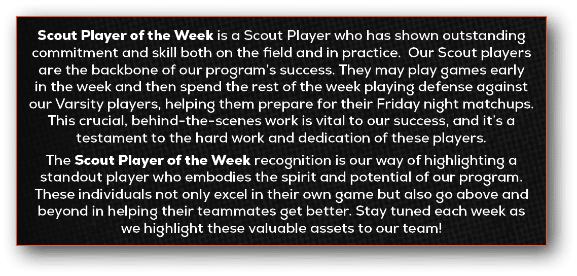 Scout Player of the Week is a Scout Player who has shown outstanding commitment and skill both on the field and in pr...