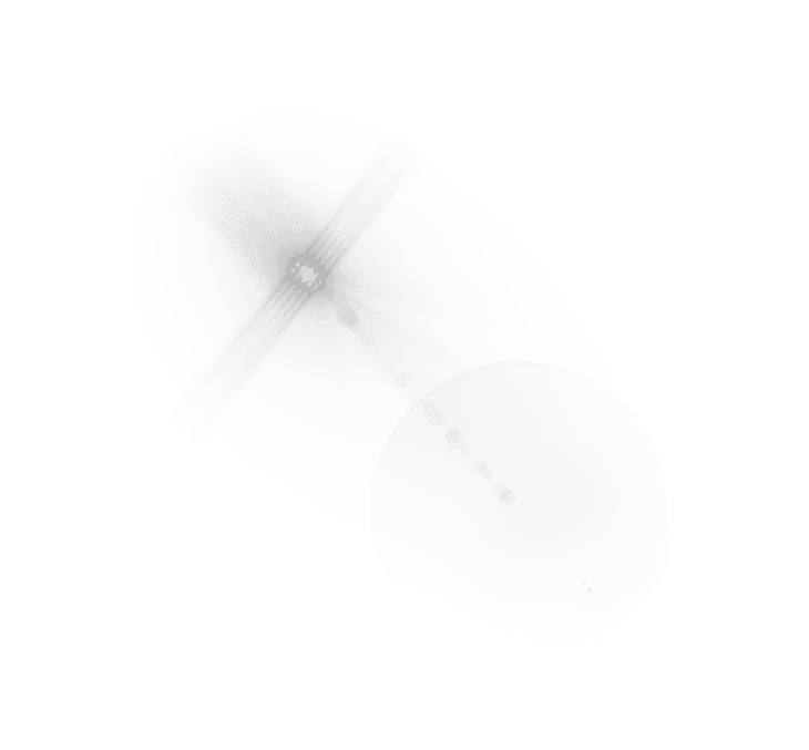 A bright light source with a starburst effect is connected to a faint, large circular shape by a series of small dots on a white background. Description generated by AI