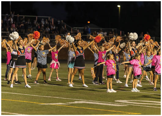People in cheerleading uniforms and casual clothing are performing with pom-poms on a sports field at night. Description generated by AI