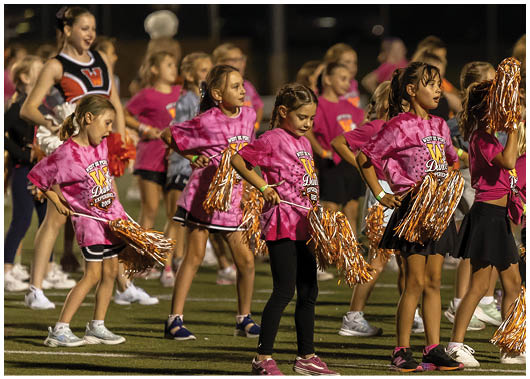Children wearing matching pink shirts and holding orange and white pom-poms perform a cheerleading routine on a field. Description generated by AI