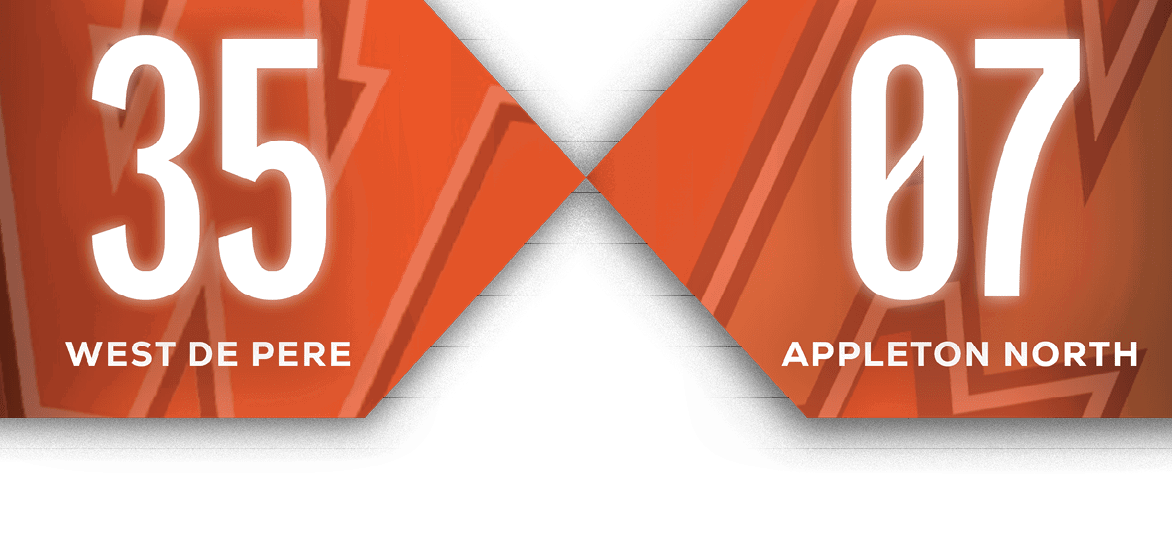A scoreboard graphic shows a score of 35 for West De Pere and 07 for Appleton North with an orange and white color scheme. Description generated by AI