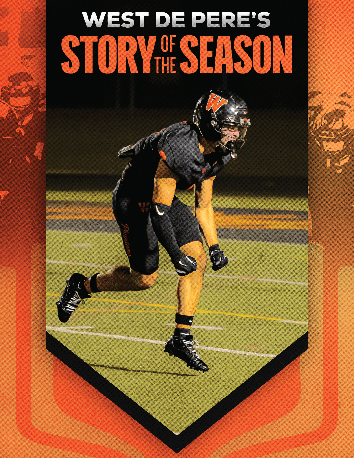 An adult in a black football uniform with orange accents is running on a field under stadium lights with the text West De Pere's Story of the Season above. Description generated by AI