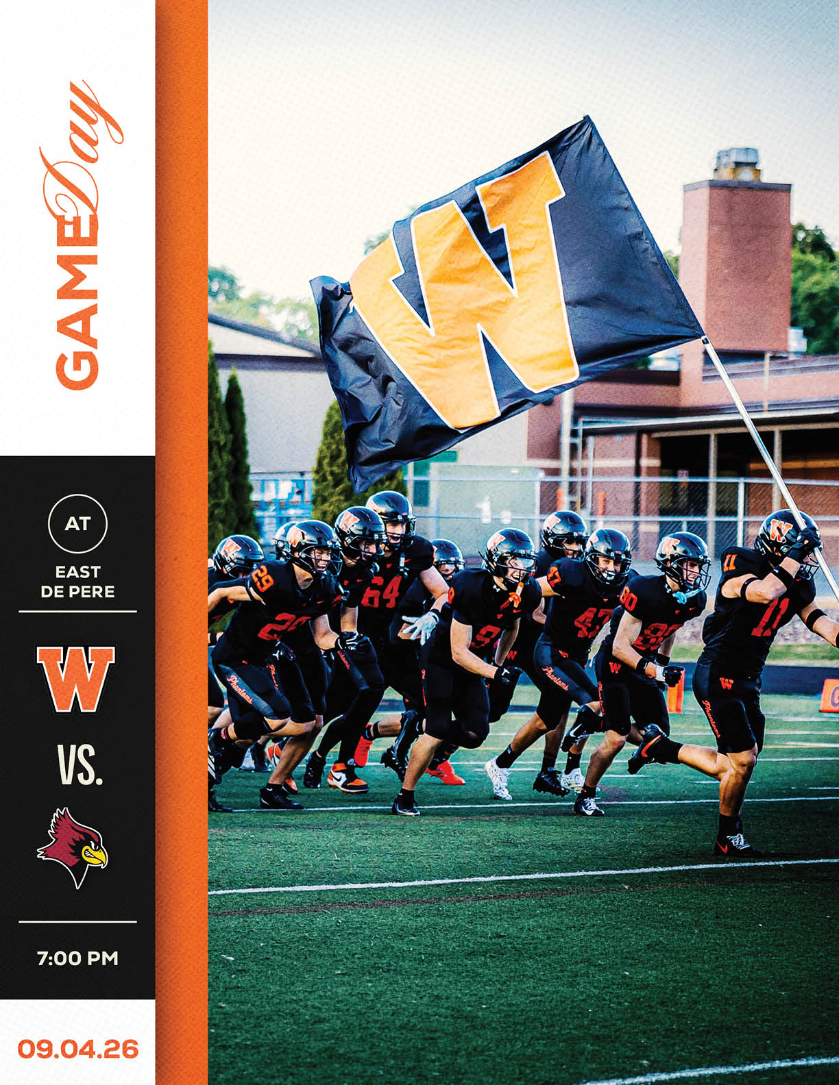 A group of football players in white uniforms with black helmets huddle together on a field with a stadium and spectators in the background, alongside a graphic showing a game day announcement for a match between Appleton North and another team at 7:00 PM on August 27, 2026. Description generated by AI