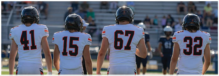 Four people wearing white sports jerseys with black helmets stand side by side facing away on a sports field with bleachers and spectators in the background. Description generated by AI