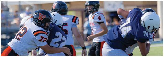People wearing football uniforms are engaged in a play on a grassy field with one person holding the ball and others attempting to block or tackle. Description generated by AI