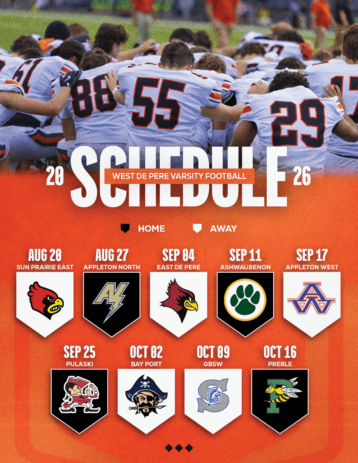 A football team kneels together in a huddle above a graphic showing the 2026 West De Pere Varsity Football schedule with home and away games and team logos on an orange background. Description generated by AI