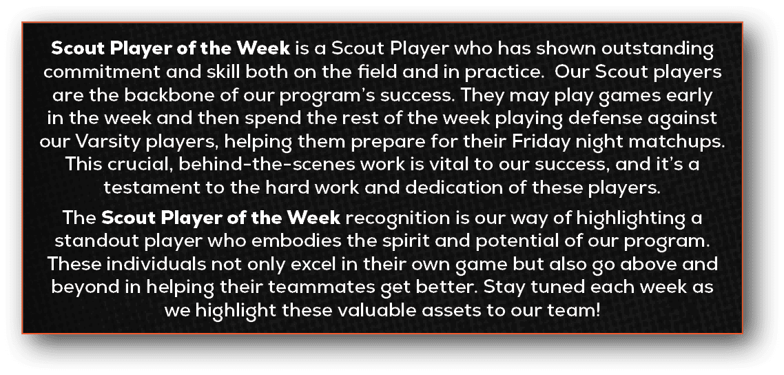Scout Player of the Week is a Scout Player who has shown outstanding commitment and skill both on the field and in pr...