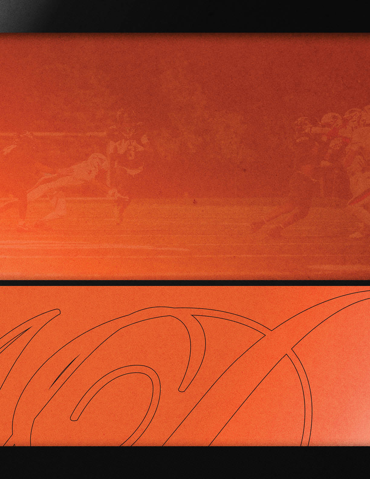 A stylized orange and black graphic background features a faint image of people playing football in the upper section and abstract curved lines in the lower section. Description generated by AI