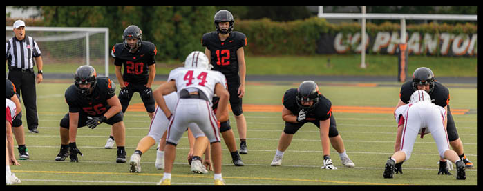 Several people wearing football helmets and uniforms are on a grassy field with a goalpost and trees in the background. Description generated by AI