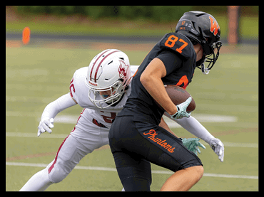 Two people in football uniforms are engaged in a play on a field, with one person holding the ball and the other attempting to tackle. Description generated by AI