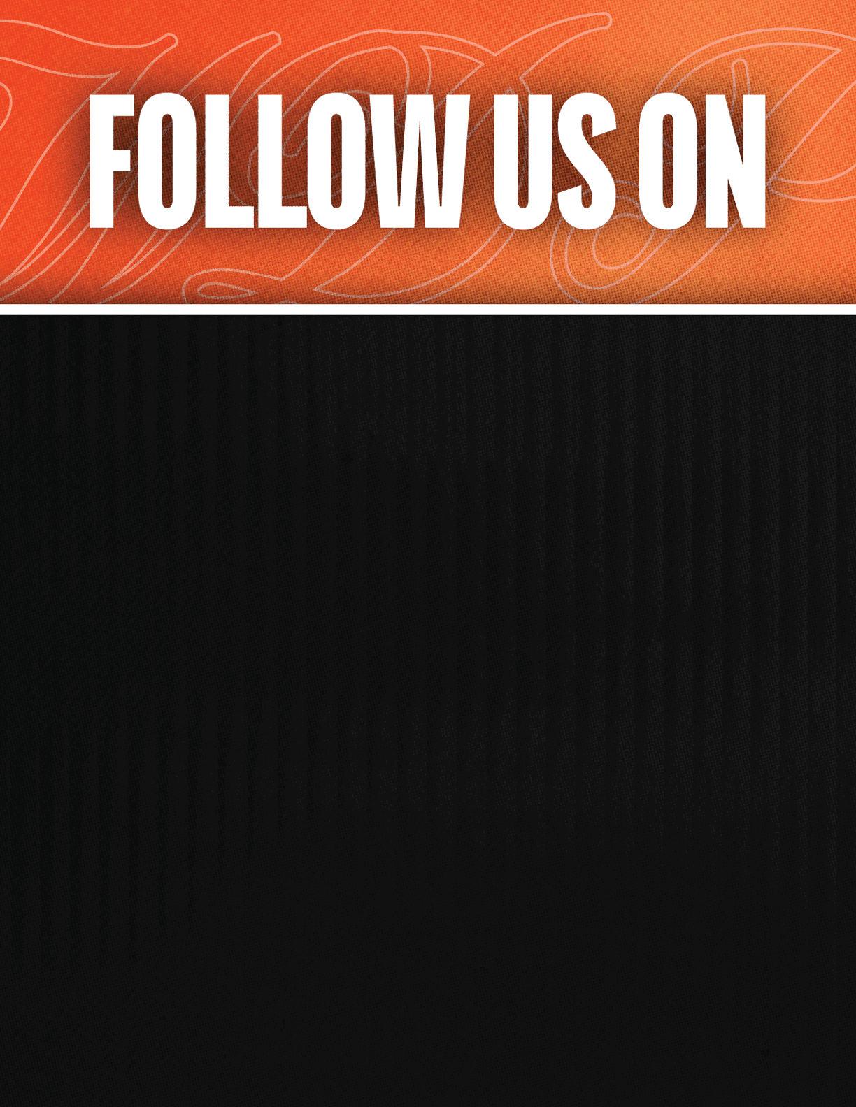 Follow us on social media with icons for Facebook, Twitter, Instagram, YouTube, and TikTok displayed below the text on an orange and black background. Description generated by AI
