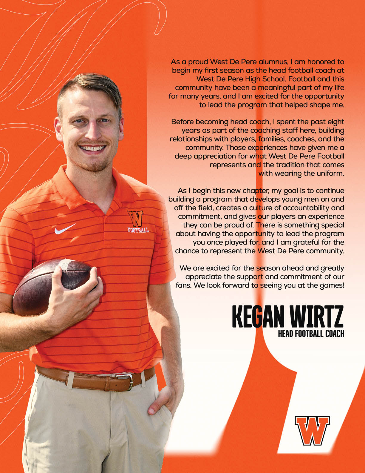 A person wearing an orange striped polo shirt and beige pants holds a football next to a block of text introducing Kegan Wirtz as the head football coach for West De Pere High School. Description generated by AI