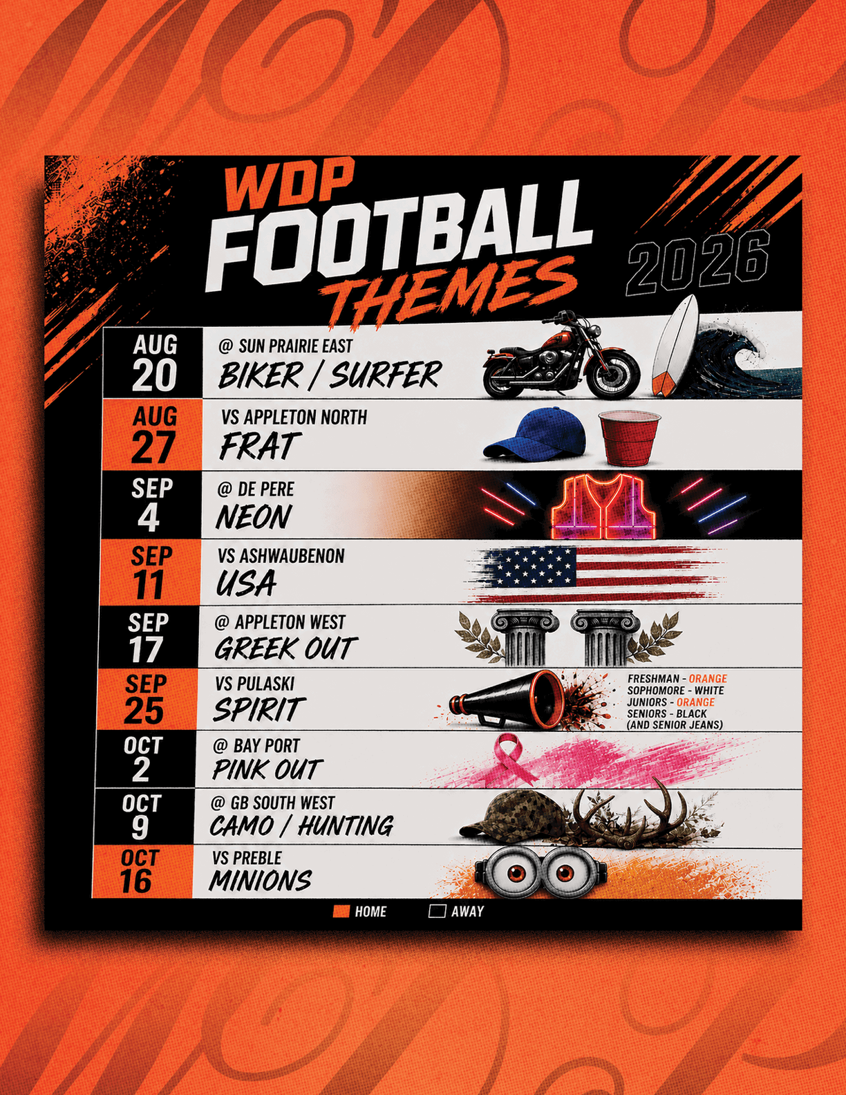 A vibrant graphic displays a 2026 football theme schedule with creative event names and corresponding images for each date, including themes like Biker Surfer, Frat, Neon, USA, Greek Out, Spirit, Pink Out, Game Hunting, and Minions. Description generated by AI
