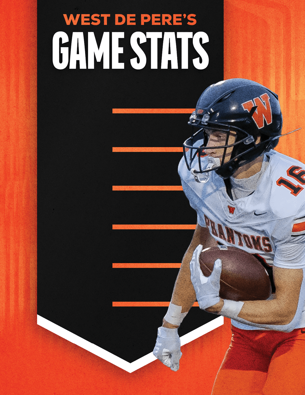 A person wearing a football uniform and helmet is holding a football and running next to a black banner with orange text that reads West De Pere's Game Stats. Description generated by AI