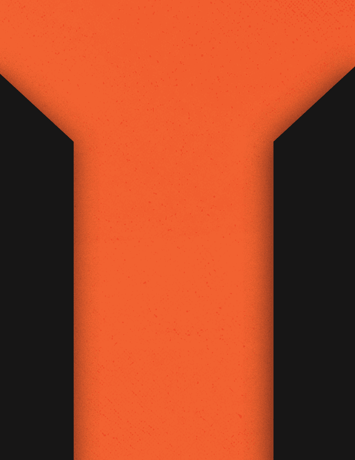 A bold geometric design featuring a large orange Y shape centered against a black background with subtle vertical stripes. Description generated by AI