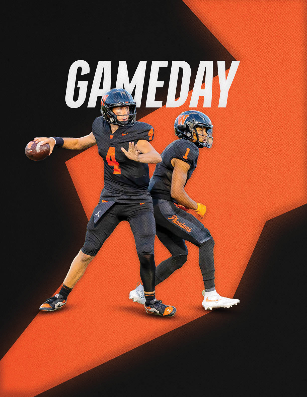 Two people in black football uniforms with orange accents are positioned for a play against a background featuring a large orange star and the word GAMEDAY in bold white letters. Description generated by AI