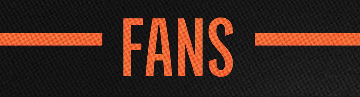 The word “FANS" is displayed in bold orange capital letters centered on a black background with two horizontal orange lines extending from each side. Description generated by AI
