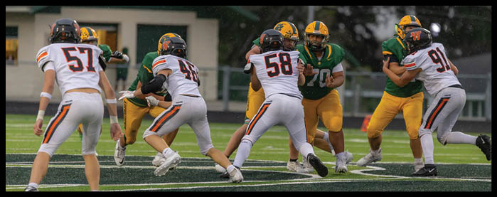 People wearing football uniforms are engaged in a play on a green field with white yard lines. Description generated by AI