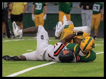Two football players in green and yellow and white and black uniforms are on the ground during a tackle on a football field. Description generated by AI