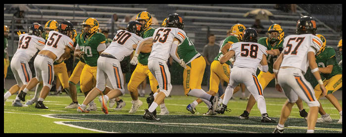 People in football uniforms are lined up on a field preparing for a play during a game. Description generated by AI