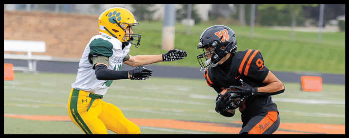 Two people wearing sports uniforms are engaged in a football play on a field with one person holding the ball and the other preparing to tackle. Description generated by AI