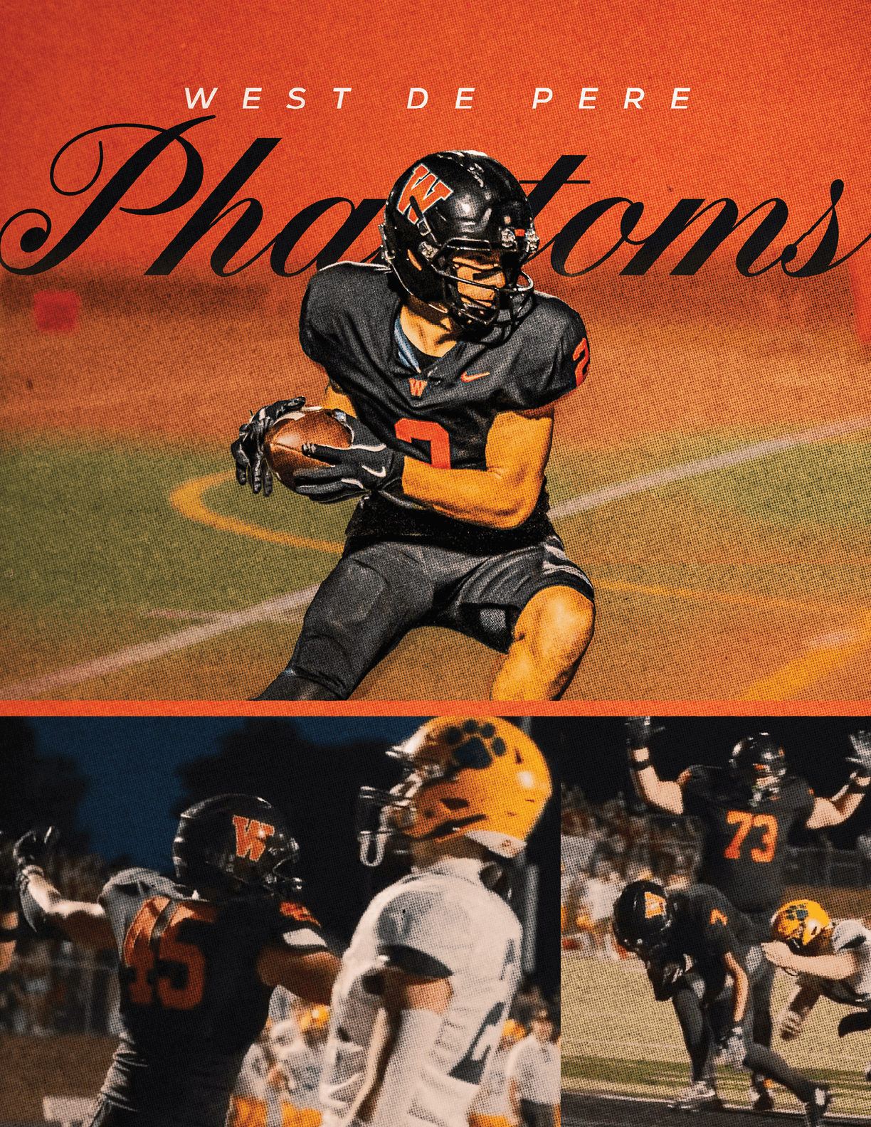 A football player in a black uniform holding a ball is running on a field above an action shot of multiple players in black and white uniforms during a game with the text West De Pere Phantoms in stylized fonts. Description generated by AI