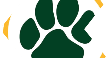 A stylized dark green paw print with a partial yellow circular border on a white background. Description generated by AI