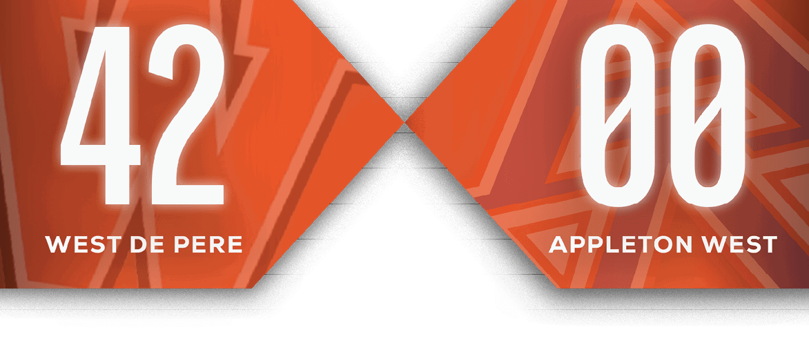 A scoreboard showing the score 42 for West De Pere and 00 for Appleton West with a red and orange geometric background. Description generated by AI