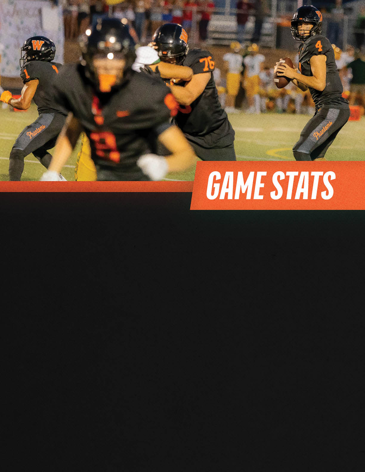 Several people in black and orange football uniforms are on a field with one person preparing to throw a football and the text game stats displayed on the image. Description generated by AI