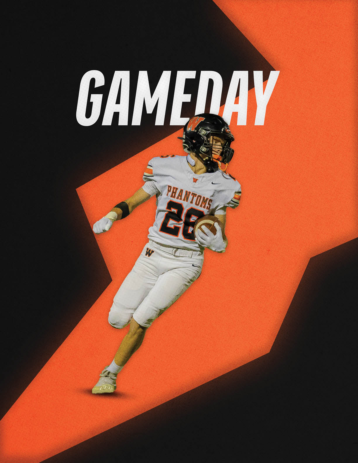 An adult in a white football uniform with the number 28 is running with a football against a black and orange background with the word GAMEDAY above. Description generated by AI