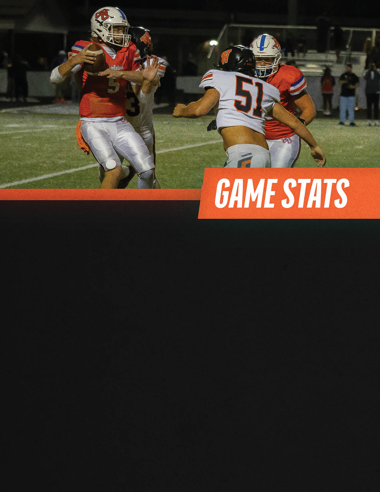 Two people in orange football uniforms and helmets are on a field with one person in a white uniform and helmet running toward them, with a graphic overlay reading “GAME STATS." Description generated by AI