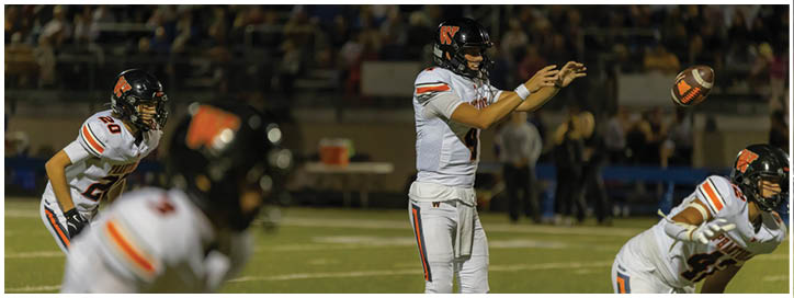 People in football uniforms are positioned on a field with one person preparing to throw a football. Description generated by AI