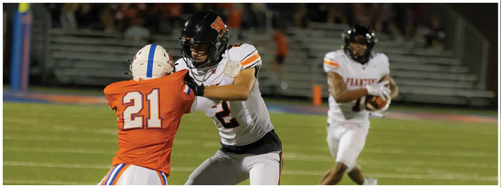 Two people in football uniforms are engaged in a play on a field with one person holding the ball and another attempting to block or tackle. Description generated by AI