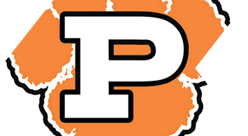 A bold white letter P outlined in black is centered over an orange paw print with a black outline. Description generated by AI