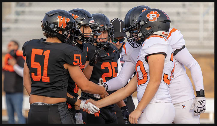 People wearing football uniforms from two different teams are standing on a field and shaking hands. Description generated by AI