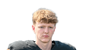 A person wearing a black football jersey with the number 28 in orange is holding a football. Description generated by AI