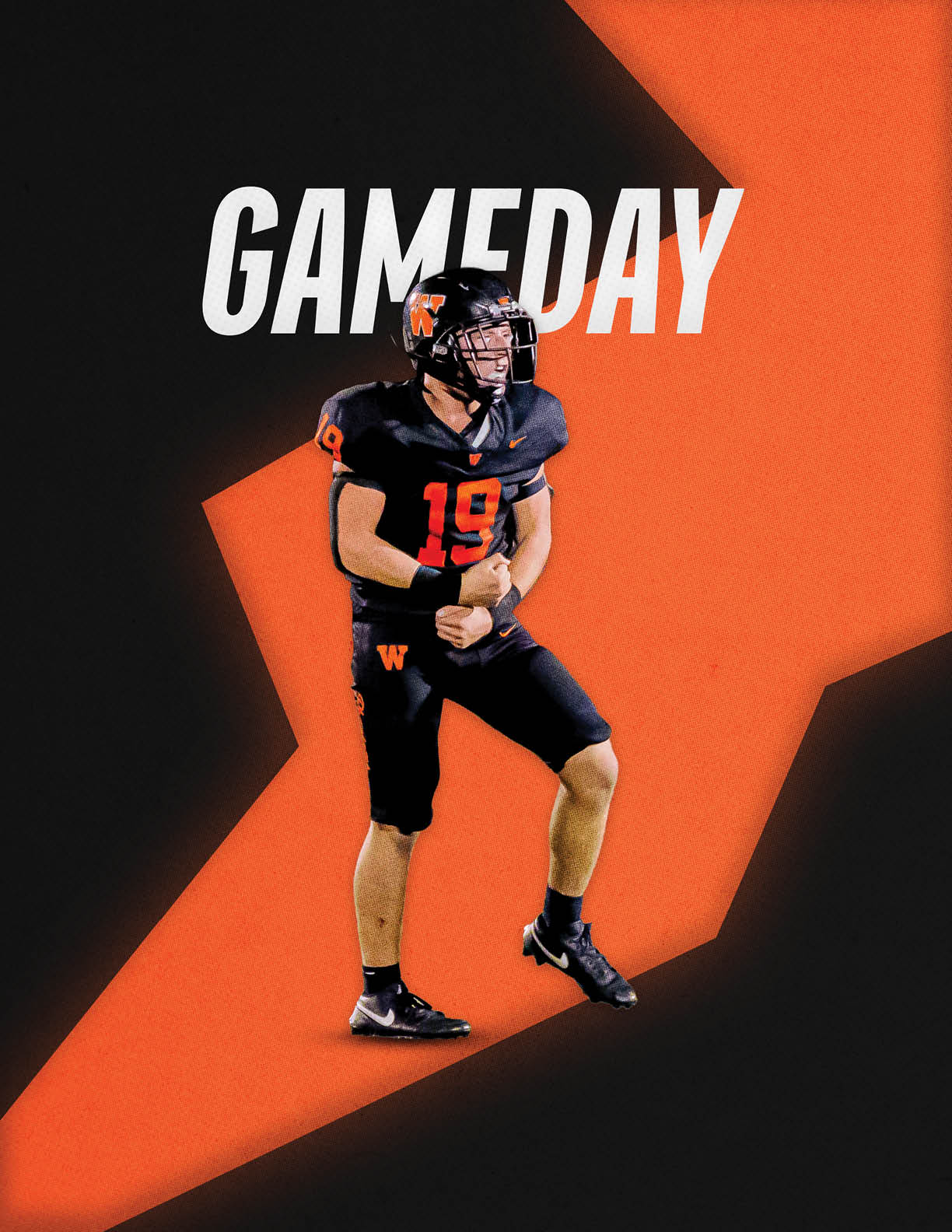 A person in a black football uniform with the number 19 stands in front of a large orange star with the word GAMEDAY above them. Description generated by AI